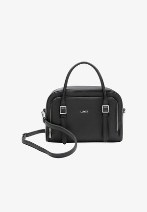Zwarte leren handtas met twee bovenhandvaten en een afneembare schouderriem. Voorzien van zilveren ritsaccenten en een gestructureerde afwerking.