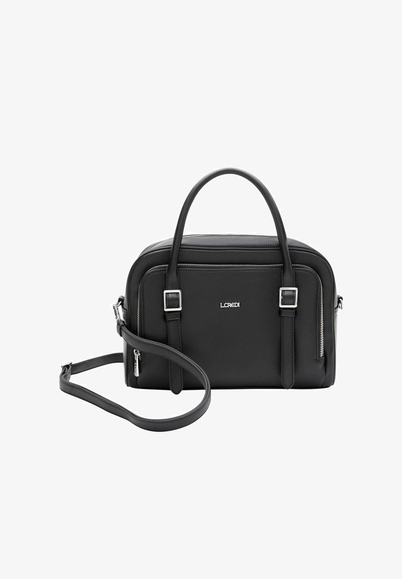 Zwarte leren handtas met twee bovenhandvaten en een afneembare schouderriem. Voorzien van zilveren ritsaccenten en een gestructureerde afwerking.