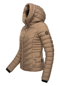Light brown padded jacket with a high collar, horizontal and chevron stitching, zip front, and black ribbed cuff accents.