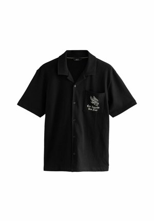 Black short-sleeve button-up shirt with collar and chest pocket featuring an eagle graphic and "Los Angeles San Jose" text.