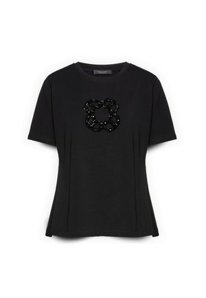 Zwart nauwsluitend T-shirt met korte mouwen, een ronde hals en een glanzend zwart kralenbloemmotief in het midden van de borst.