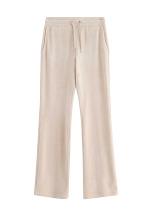 Beige weite Sweatpants mit elastischem Bund, Kordelzug und Seitentaschen, aus weichem Material.