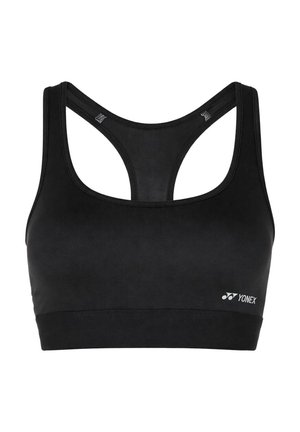 Schwarzer Sport-BH mit Racerback-Design und elastischem Unterband, mit kleinem weißem Yonex-Logo auf der vorderen rechten Seite.