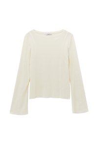 Långärmad topp i mjukt, krämfärgat tyg. Har en rund halsringning och lätt utställda ärmar, med sömnadsdetaljer på sidorna.