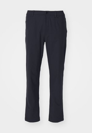 Pantaloni dritti blu navy realizzati in tessuto liscio. Presentano un bottone frontale, passanti per cintura e tasche laterali. Design semplice senza alcun motivo.