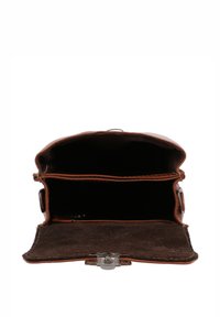 Brown leather handbag with a soft texture, featuring an open compartment, two inner pockets, and a silver clasp closure.