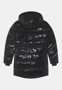 Black puffer coat with a glossy finish, featuring horizontal quilted sections, a hood, and logo detail on the upper left back.
