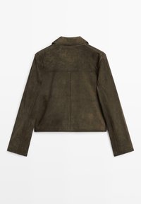 Dark green suede jacket with a classic collar, fitted design, and long sleeves. Smooth texture with stitched detailing on the back.