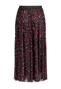 Jupe longue noire avec des motifs abstraits rouges, roses et blancs. Design plissé avec une taille lisse, fabriquée en tissu léger et transparent.