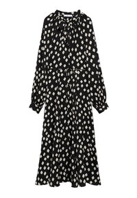 Vestido negro con mangas largas, cuello con lazo y cintura ceñida. Presenta un patrón de diamantes blancos en la tela. Silueta fluida.