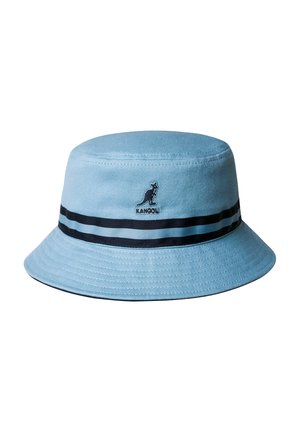 Blue cotton bucket hat with a wide brim, featuring a black stripe and Kangol logo embroidered on the front. Smooth texture and structured design.