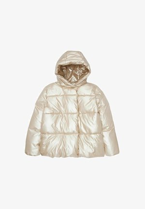 Metallikbeezhivärvi puffjakke, millel on kapuuts, tikitud disain ja läikiv tekstuur. Sisaldab suuri lühe ja vaba lõiget.