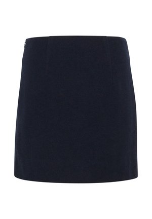 Námořnická modrá mini sukně s přiléhavým střihem, texturovanou tkaninou a bez viditelných dekorací nebo vzorů. Má diskrétní boční zip.