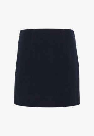 Navy blue mini skirt with a fitted design, textured fabric, and no visible embellishments or patterns. Features a discreet side zip.