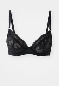 Black lace bra featuring floral patterns, underwire support, adjustable straps, and a smooth back band with a small metallic accent.