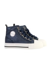 High-top sneakers made of shiny dark blue fabric with white rubber toe cap and sole. Features silver eyelets and a logo patch on the side.