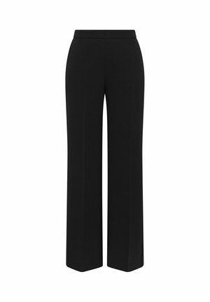 Schwarze Weithosen aus glattem Stoff; mit hoher Taille und geraden, klaren Linien ohne sichtbare Muster oder Akzente.