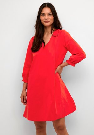 Red, V-neck dress with long, slightly puffed sleeves and a flared hem. Smooth texture and lightweight fabric with minimal detailing.