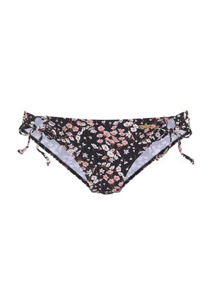Schwarzer Bikini-Slip mit einem floralen Muster in Rosa- und Weißtönen. Verfügt über verstellbare seitliche Bänder und eine glatte Textur.