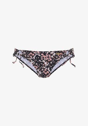 Schwarzer Bikini-Slip mit einem floralen Muster in Rosa- und Weißtönen. Verfügt über verstellbare seitliche Bänder und eine glatte Textur.