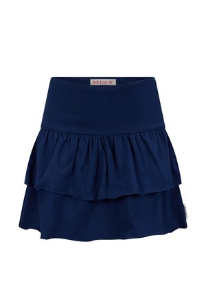 Granatowa spódnica w warstwach z szerokim pasem w talii i falbaną na środkowej warstwie, z małą metką marki po boku.