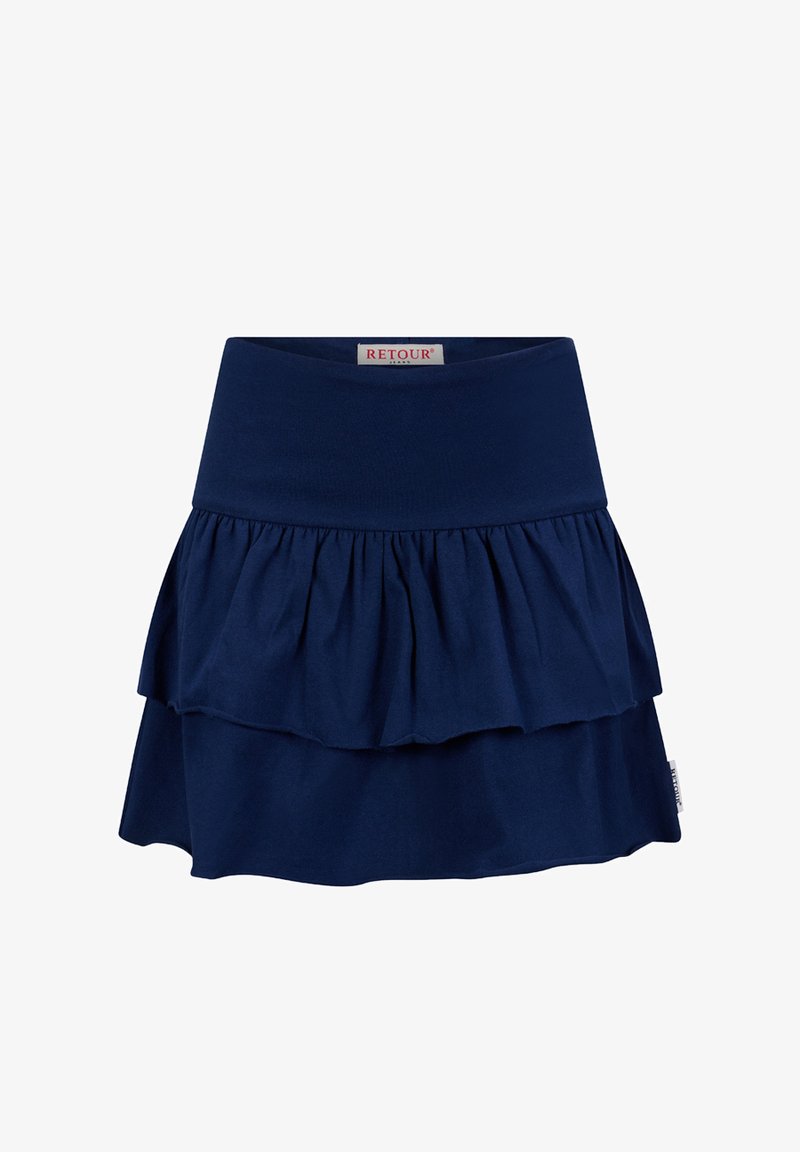 Marineblauer Stufenrock mit breitem Bund und geraffter mittlerer Lage, mit einem kleinen Markenetikett an der Seite.