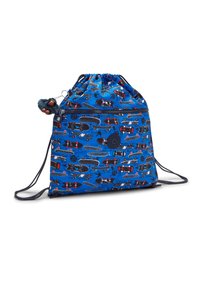 Zaino blu con coulisse realizzato in tessuto resistente, caratterizzato da una stampa colorata di skateboard e animali. Include un ciondolo decorativo.