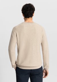 Beige strikket genser med ribbestrikkede mansjetter og kant, med en teksturert overflate og rund hals, båret over mørke bukser.