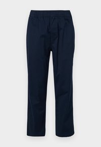 Pantaloni blu navy con vita elastica, dalla vestibilità rilassata, tessuto liscio, design a gamba dritta e senza tasche o decorazioni visibili.