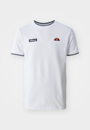 T-shirt bianco con scollo rotondo, accentuazioni a righe blu navy, logo ricamato sul petto e maniche corte con rifiniture coordinate al colletto.