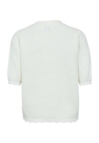 Suéter blanco de manga corta tejido con textura acanalada y bordes ondulados en las mangas y el dobladillo, mostrado desde atrás.