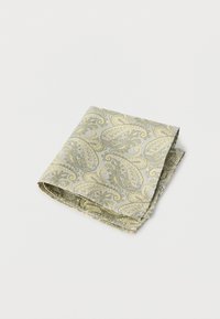 Μεταξένιο μαντίλι τσέπης σε τετράγωνο σχήμα, με ανοιχτό πράσινο και χρυσό σχέδιο πασλέ, διπλωμένο σε λευκό φόντο.