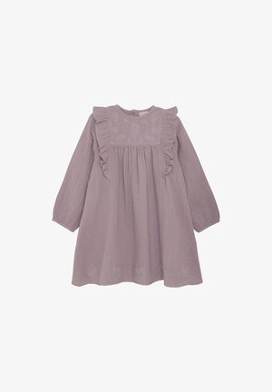 Light purple cotton dress with long sleeves, ruffles along the neckline, embroidered detailing, and a gathered bodice.