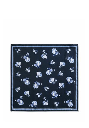 Donkerblauwe vierkante sjaal met een lichtblauw-wit bloemmotief en een dunne witte en blauwe rand.