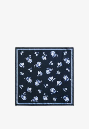 Dunkelblaues quadratisches Tuch mit einem hellblauen und weißen Blumenmuster und einem dünnen weißen und blauen Rand.