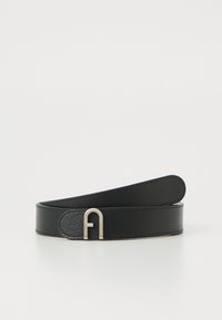 Black leather belt with a textured finish, featuring a silver metal buckle shaped like the letter "F." Smooth edges and slim design.