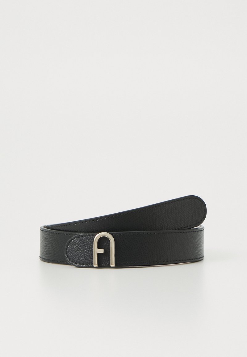 Black leather belt with a textured finish, featuring a silver metal buckle shaped like the letter "F." Smooth edges and slim design.