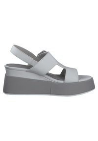 Graue Wedge-Sandale mit offener Zehe und Slingback-Design. Glattes Lederobermaterial, Ausschnittdetails und eine dicke Plattformsohle für zusätzlichen Halt.