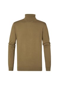 Hnědý rolák vyrobený z hladkého pleteného materiálu. Má dlouhé rukávy, přiléhavý límec a jednoduchý, nezdobený design.