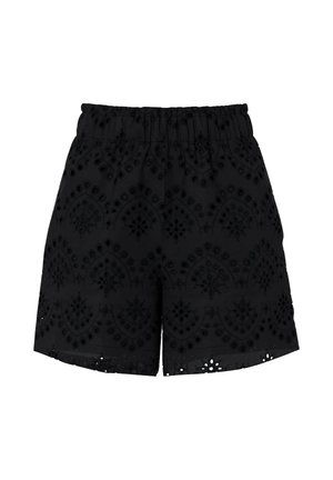 Black shorts with elastic waistband, featuring intricate eyelet embroidery in symmetrical floral and geometric patterns.