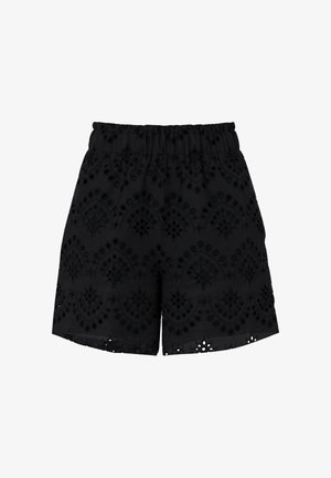Black shorts with elastic waistband, featuring intricate eyelet embroidery in symmetrical floral and geometric patterns.