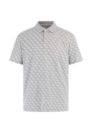 Grau gemustertes Poloshirt mit Kragen, kurzen Ärmeln und einem all-over Logo-Design im Diamantmuster.
