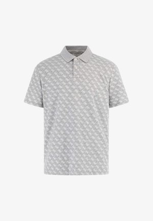 Polo shirt à motifs gris présentant un col, des manches courtes et un design de logo en motif de losanges sur l'ensemble.