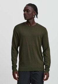 Groene gebreide trui met een ronde hals, lange mouwen, geribde manchetten en zoom, met een gladde textuur en een aangesloten silhouette.