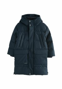 Parka călduros de culoare albastră închisă, cu glugă, două buzunare pe piept și două buzunare frontale. Dispune de fermoar și închidere cu capse. Textură netedă.