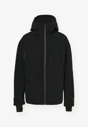 Black outer jacket with zip closure, hood, and two side zippered pockets. Features textured fabric with additional straps on sleeves.