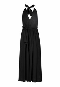 Schwarzes Maxikleid mit Halterneck und tiefem V-Ausschnitt, Taillengurt und fließendem Rock. Hergestellt aus leichtem Stoff, mit glatter Textur und einfachem Design.
