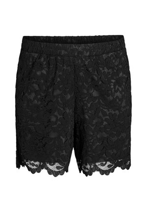 Melnas mežģīņu šorti ar ziedu rakstu, elastīgu jostasvietu un izgrieztām apmalēm.