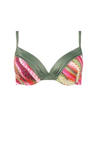 Zielony biustonosz z podszewką, z kubkami w wielokolorowy wzór, który zawiera paski w kolorach różowym, pomarańczowym i żółtym. Regulowane ramiączka. Gładka tekstura.