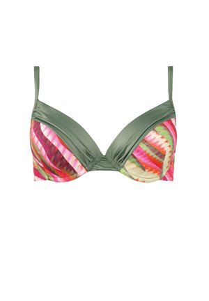 Zielony biustonosz z podszewką, z kubkami w wielokolorowy wzór, który zawiera paski w kolorach różowym, pomarańczowym i żółtym. Regulowane ramiączka. Gładka tekstura.